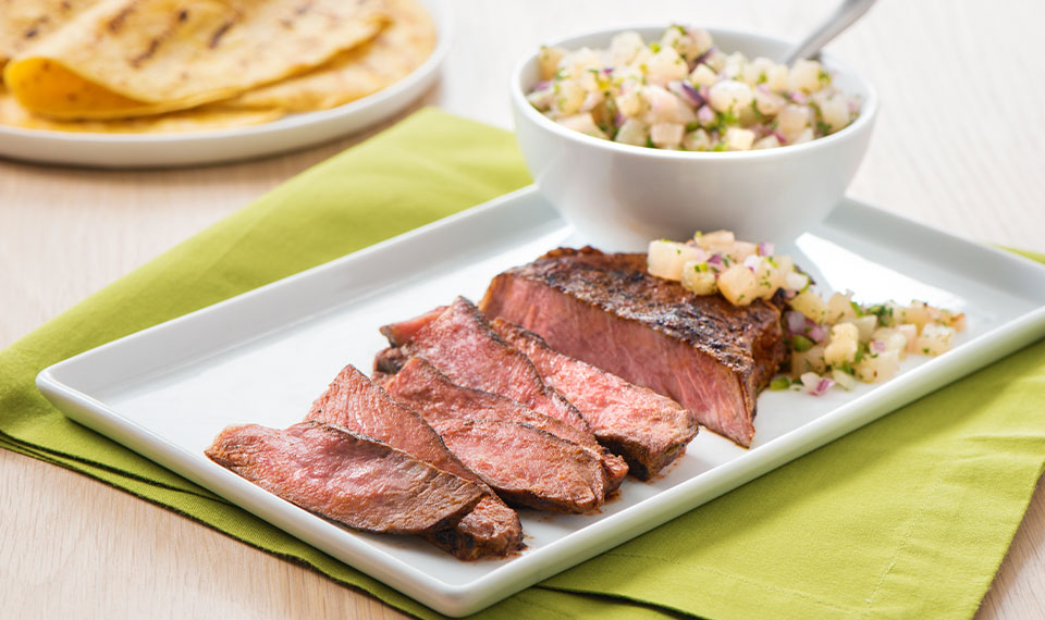 Ancho chili rubbed steak with pineapple-mint salsa