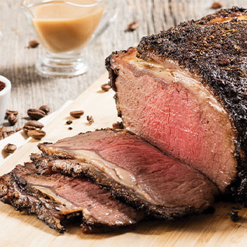 Ancho-crusted New York strip roast with coffee gravy