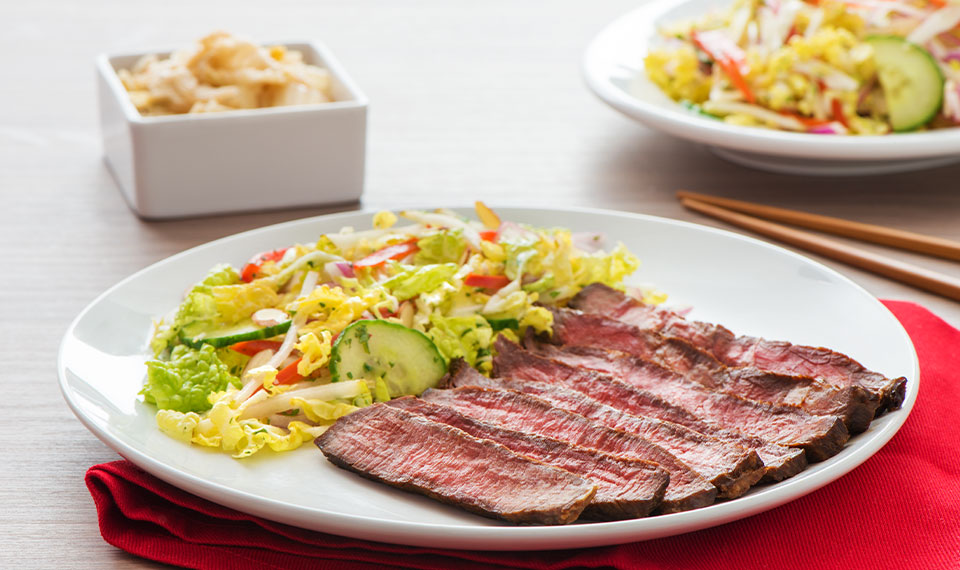 Korean BBQ Grilled Beef with Napa Cabbage and Pear Slaw